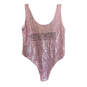 Pink Sequined "Sexy is Confident" Scoop Neck Sleeveless Bodysuit XL New No tag